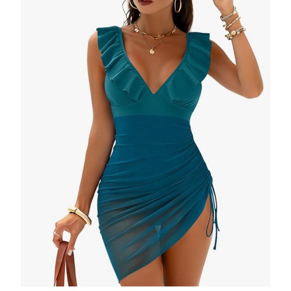 Anrabess Swim Dress Swimsuit XL Blue Ruffle V-Neck Adjustable Sheer Skirt NWT
